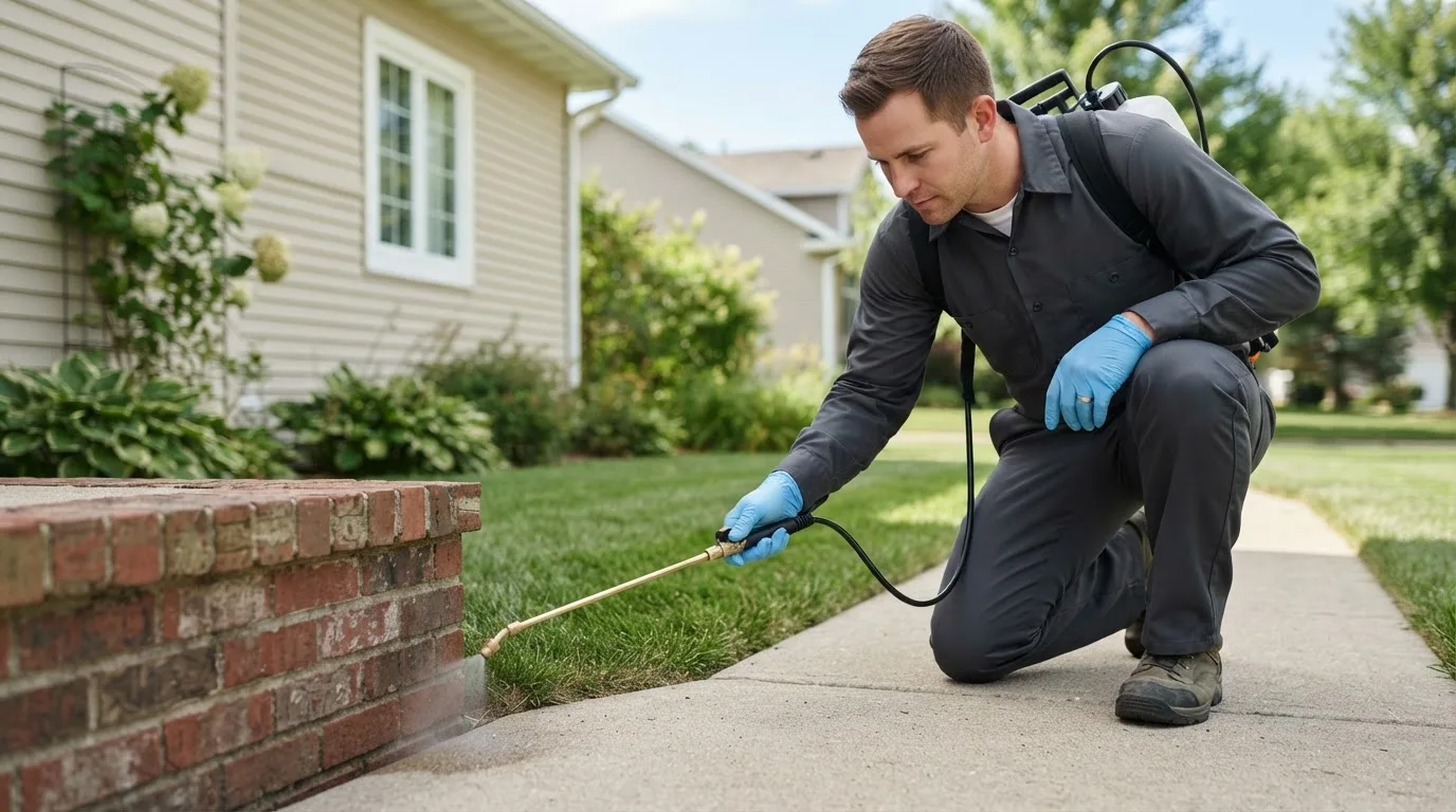 Pest control technician treating a home near Lucas, OH