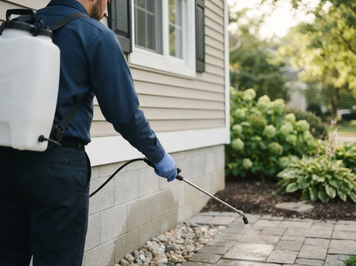 Pest control technician inspecting a home in Lucas, OH